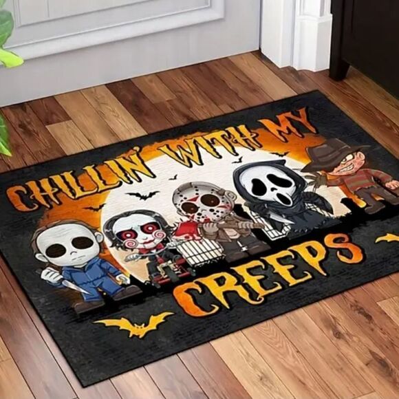NWT Horror Movie Scary Characters Rug Door Mat 16 x 24" "Chillin with My Creeps" - Picture 1 of 3